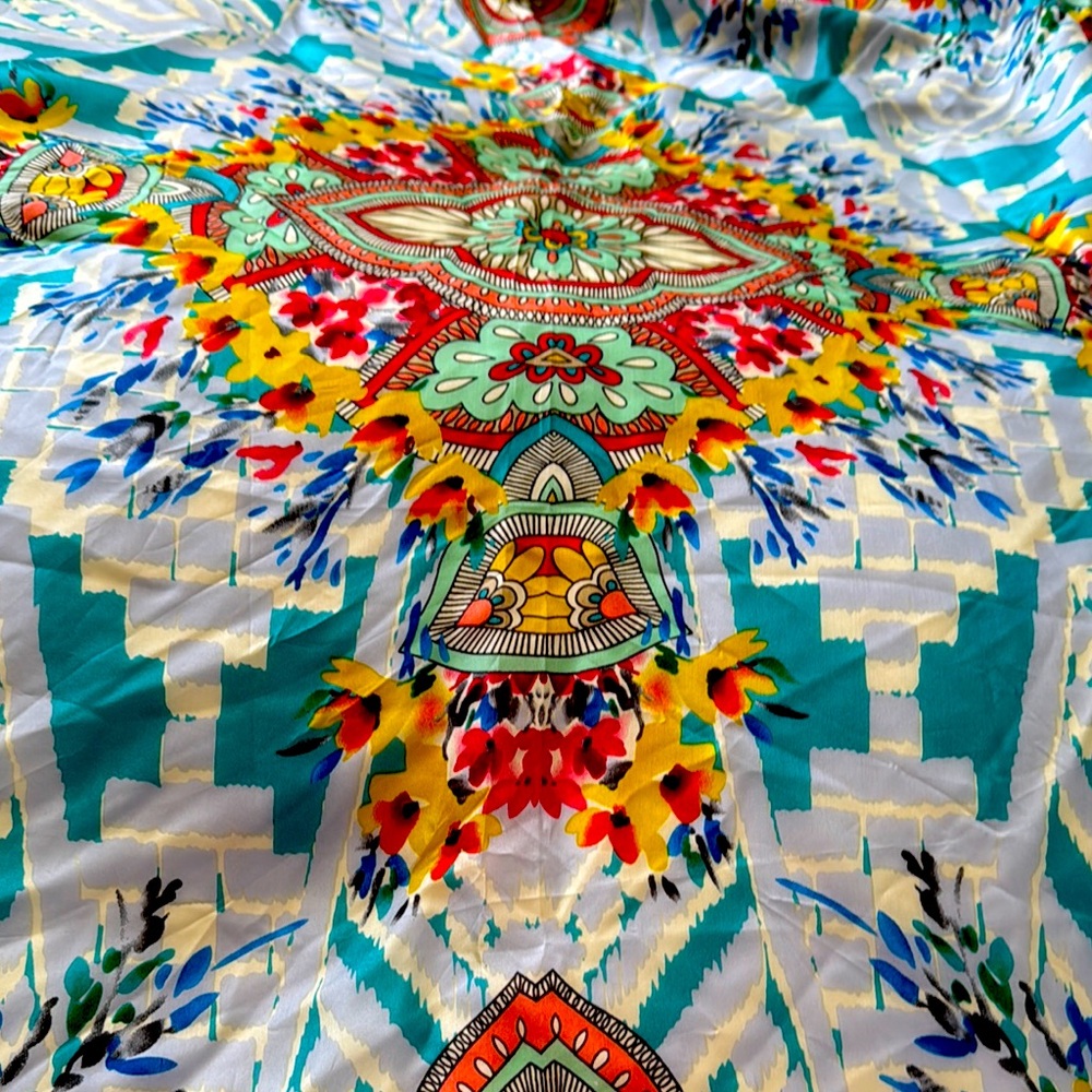 Johnny Was Silk Scarf. Vibrant Multicolor Patterned fabric.